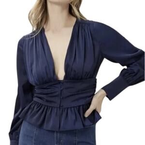 Jason Wu Satin Babydoll Peplum Blouse Small Navy Plunge Holiday Coquette Peasant